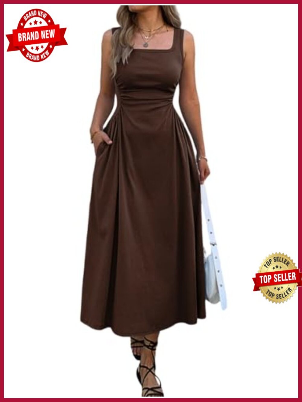 Women's Cotton Maxi Dress Square Neck Sleeveless Slim Fit Ruched Waist Pockets